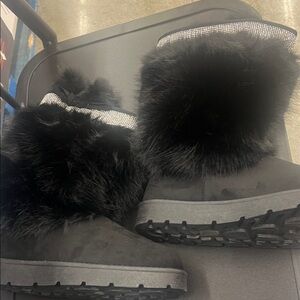 Women’s size 10 CARLKARIDA Black Fur Boots with Rhinestone Trim